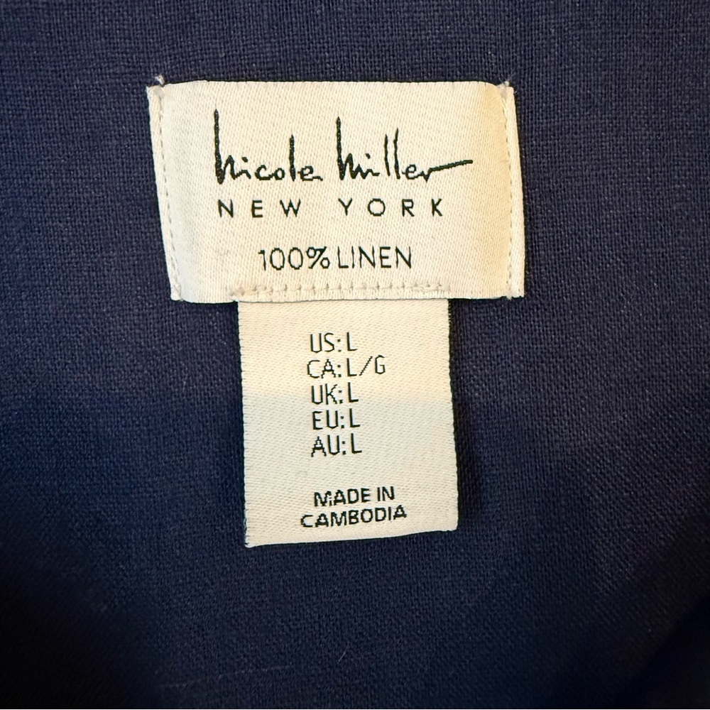 Linen Blouse Navy Blue Utility Top Size L V-Neck Collared Shirt by Nicole Miller - Picture 6 of 8